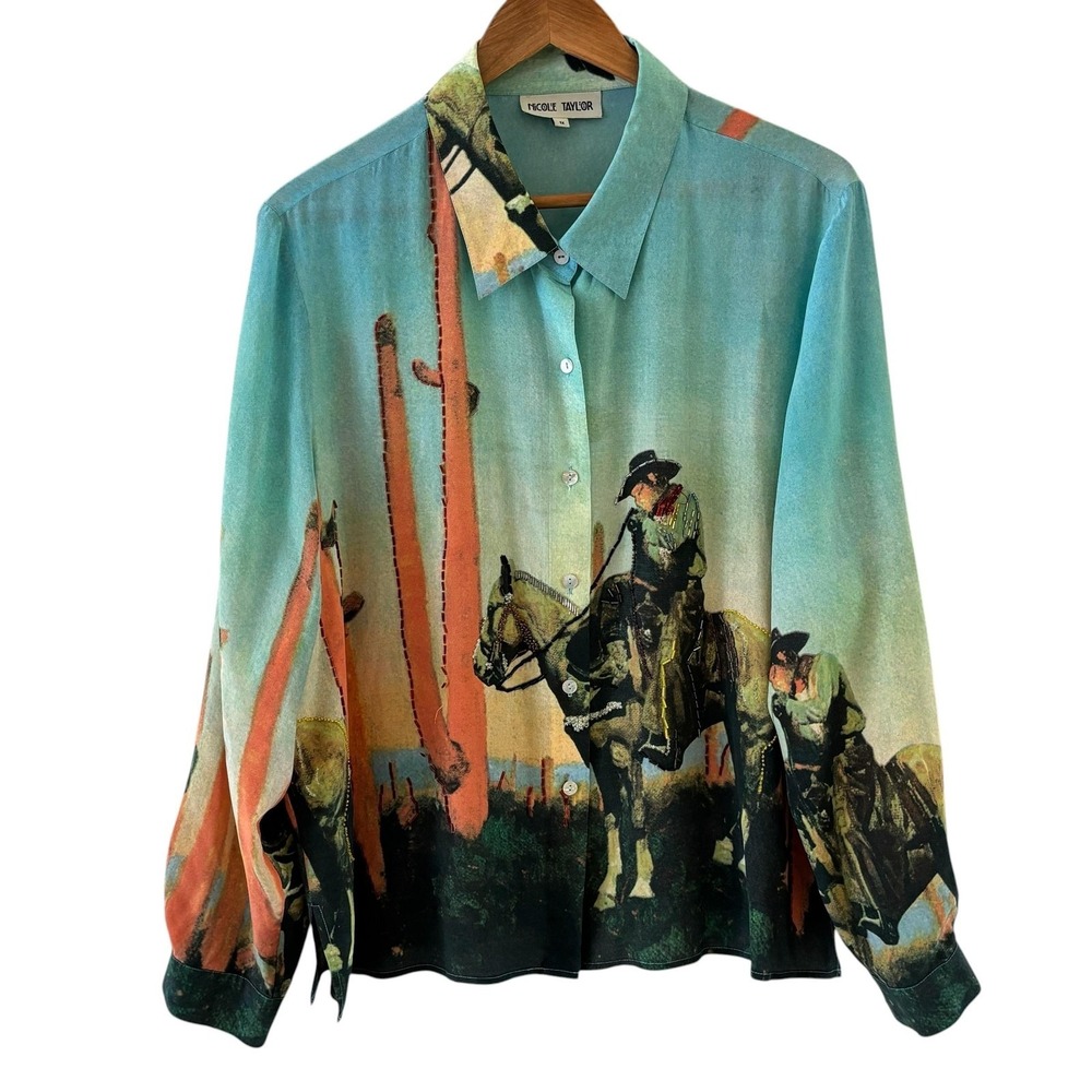Vintage Nicole Taylor Silk Beaded Cowboy Button Up Shirt Womens 1X Western Art